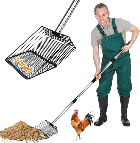 Chicken Poop Scooper, 10inch Large Metal 36 to 63" Long Chicken Coop Litter Scoop with Stainless Steel Handle，4 in 1 Multifunctional Heavy Duty Litter Sifting Shovel Chicken Coop Accessories
