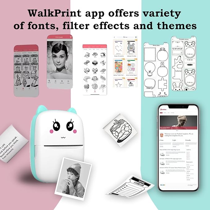 Mini Sticker Printer USX1, Inkless Thermal Pocket Receipt Printer, 203DPI, Bluetooth, Pink, 11 Rolls Paper, iOS & Android Compatible