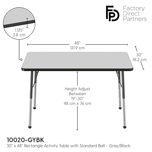 FDP Rectangle Activity School and Office Table (30 x 48 inch), Standard Legs with Ball Glides, Adjustable Height 19-30 inches - Gray Top and Black Edge