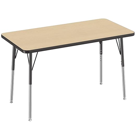 FDP Rectangle Activity School and Office Table (24 x 48 inch), Standard Legs with Swivel Glides, Adjustable Height 19-30 inches - Maple Top and Black Edge