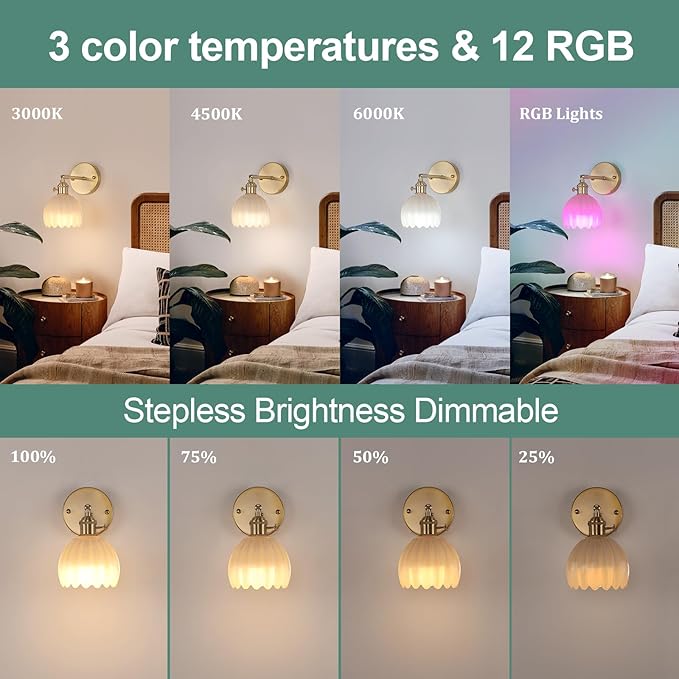 Vintage 5000 mAh Battery Operated Wall Sconce with Cream Tulip Glass Lampshade Rechargeable Battery Powered Wall Light with Remote Control for Bedroom Doorway, Set of 2