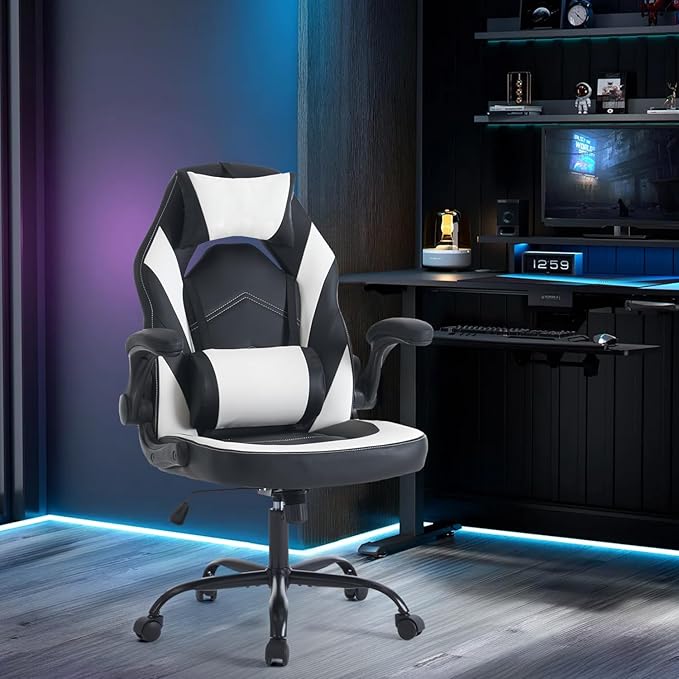 DUMOS Ergonomic Gaming Office Desk Chair with Flip-up Armrests for Adults, Height Adjustable PU Leather Video Game Computer Chair with 360° Rolling Wheels for Home and Office, Black White