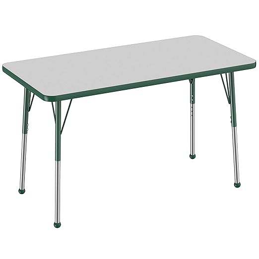 FDP Rectangle Activity School and Office Table (24 x 48 inch), Standard Legs with Ball Glides, Adjustable Height 19-30 inches - Gray Top and Green Edge
