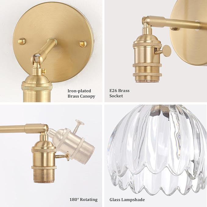 Vintage Battery Operated Wall Sconce with Clear Tulip Glass Lampshade 5000 mAh Rechargeable Battery Powered Wall Light with Remote Control for Bedside Bedroom Doorway, Set of 2