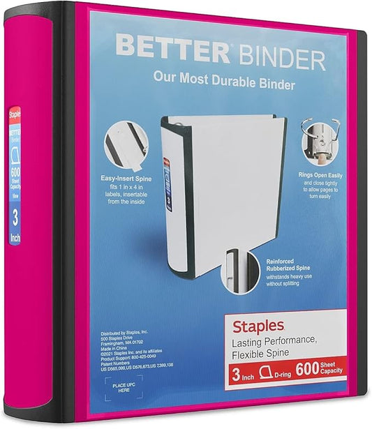 Staples 702876 Better 3-Inch D 3-Ring View Binder Pink (15128-US)