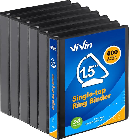ViVin 1.5 Inch Slant-D View Binder, Single-Tap 3 Ring Binder 1.5", Fits 8.5" x 11" Paper, Black,6 Pack