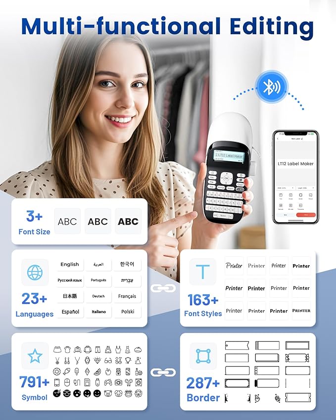 Phomemo LT12 Label Maker Machine with Tape, Rechargeable Label Makers with Waterproof Labels Portable Bluetooth Handheld Labeler with QWERTY Keyboard & 1600+ Icons, 30+ Fonts, for Home, Office, White