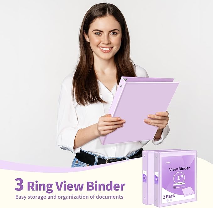 SUNEE 3 Ring Binder 1 Inch 2 Pack, Clear View Binder Three Ring PVC-Free (Fit 8.5x11 Inches) for School or Office Supplies, Purple