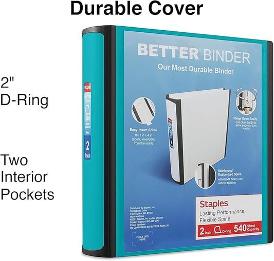 STAPLES Better Binder, 2-Inch, Teal