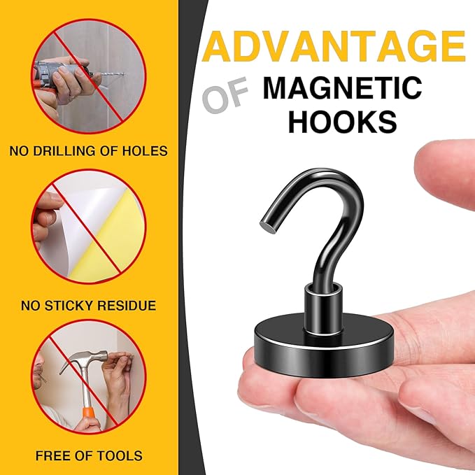 DIYMAG Outdoor Hooks for Hanging String Lights, Balck Magnetic Hooks Strong 118lbs+ Hanging Party Light Wall Cable for Outside Cruise Cabin Refrigerator Fridge Grills Must Have 10PCS