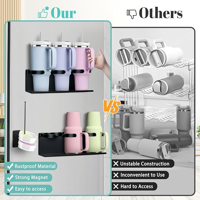 2Pcs Magnetic Water Bottle Organizer for Stanley 30 40 oz Tumbler and Lid Magnetic Cup Holder Heavy Duty Tumbler Storage Organizer Drink Accessories Kitchen Cup Storage Rack for Fridge Cabinets Gifts