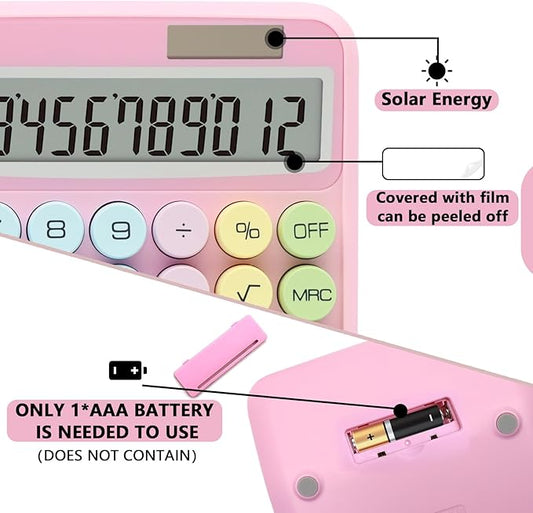 Pink Calculator, Standard Calculator 12 Digit with Large LCD Display and Big Buttons,Pink Office Accessories for Women Desk,Cute Calculator for Office,School, Home,Business(Colorful Pink)