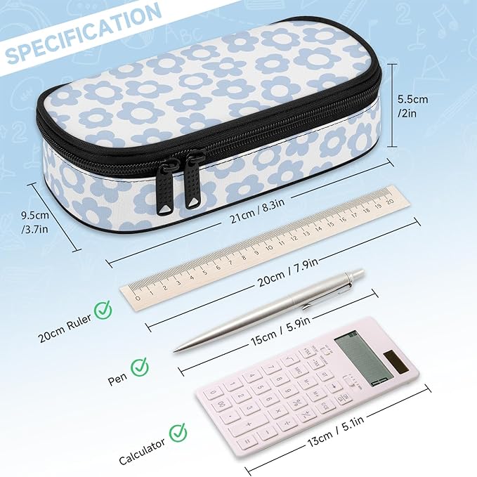 Blue Retro Floral Large Pencil Pouch Big Capacity Cute Pencil Case for Girls Boys Teen Women Men Adult, Portable Kids Pencil Bag with Zipper,Stationery Storage Pen Bag for School Office Organizer