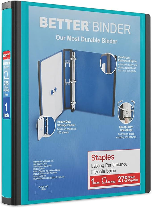 Staples Better 1-Inch, 3-Ring View Binder, Holds up to 275 Sheets, 1 Interior Pocket, Perfect 3-Ring Binder for Reports (Teal)