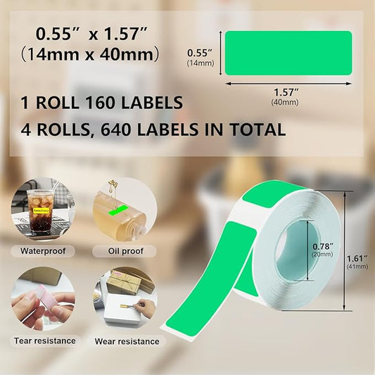 Thermal Label Tape Colored 14x40mm Watercolor Green Printable Return Address Labels 14mm Waterproof Stickers Compatible with D30 Portable Thermal Printer, 4 Rolls, 640pcs, 0.55"x1.57"