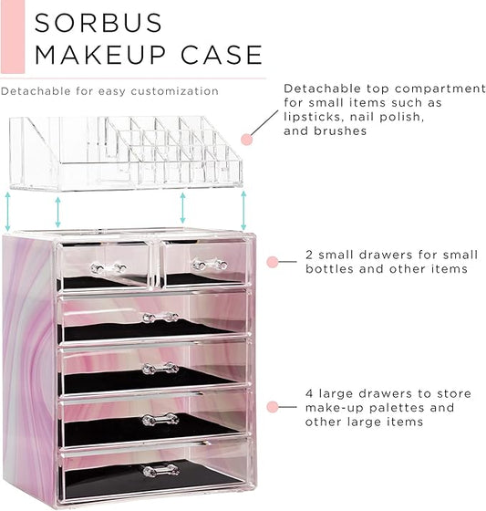 Sorbus Clear Cosmetic Makeup Organizer - Make Up & Jewelry Storage, Case & Display - Spacious Design - Great for Dresser, Bathroom, Vanity & Countertop (4 Large, 2 Small Drawers) [Tie Dye Print]