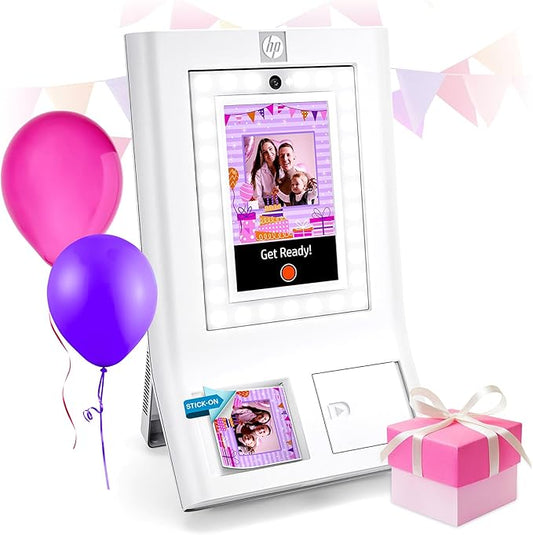 HP Sprocket Photo Booth Machine Instant Color Photo Printer - 10.1" Touchscreen Photobooth, LED Ring Light - Customize w/ 250+ Frames, Prints on 3x4 Zink Paper or Share via QR Code, Mobile App - White