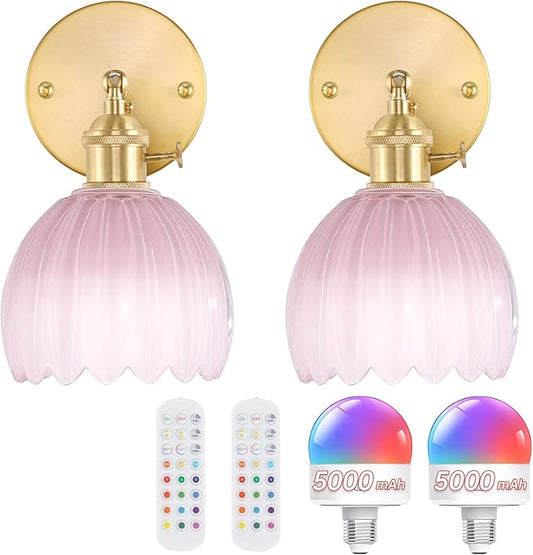 Vintage 5000 mAh Battery Operated Wall Sconce with Pink Tulip Glass Lampshade Rechargeable Battery Powered Wall Light with Remote Control for Bedroom Doorway, Set of 2