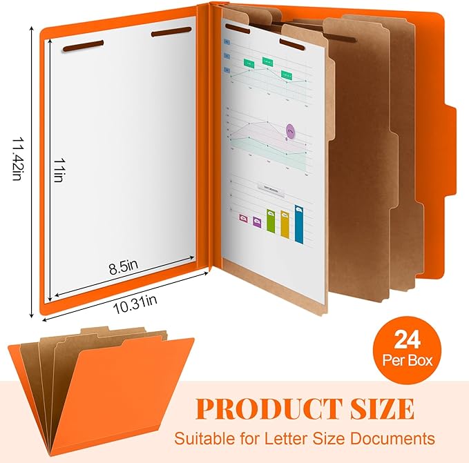 24 Pcs Classification Folders Letter Size, 3 Divider Pressboard File Folder with Fasteners, Expanding File Organizer Bulk for Teachers, Clergy, Office, Church, Christmas Donations (Orange)
