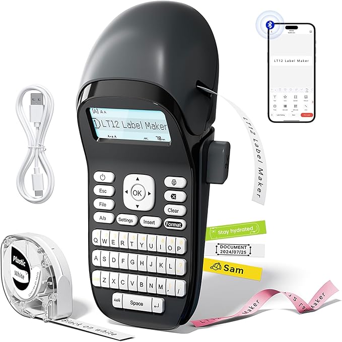 Phomemo LT12 Label Maker Machine with Tape, Rechargeable Label Makers with Waterproof Labels Portable Bluetooth Handheld Labeler with QWERTY Keyboard & 1600+ Icons, 30+ Fonts, for Home, Office, Gray