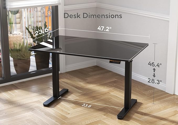 Claiks Glass Standing Desk, 48x24 Inch Electric Standing Desk Adjustable Height Quick Install Home Office Computer Desk, Black