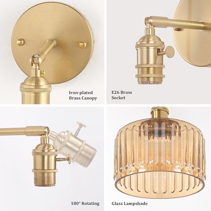 Vintage Battery Operated Wall Sconce with Amber Striped Glass Lampshade 5000 mAh Rechargeable Battery Powered Wall Light with Remote Control for Bedside Bedroom Doorway, Set of 2