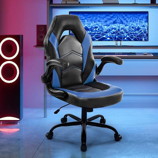 DUMOS Gaming Ergonomic Office Chair for Adults, Height Adjustable Computer Desk Chair with Flip-up Armrests, PU Leather Swivel Video Game Chair with 360° Rolling Wheels, Blue