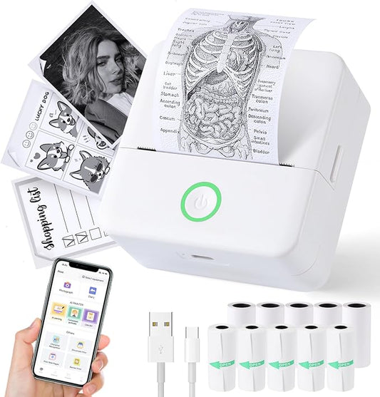 Print Pods Mini Printer, Thermal Inkless Sticker Maker with 10 Rolls Printing Paper, Pocket Printpod for phone, Impresora Portátil for Notes, Flashcards, Journal, DIY, Compatible with iOS & Android