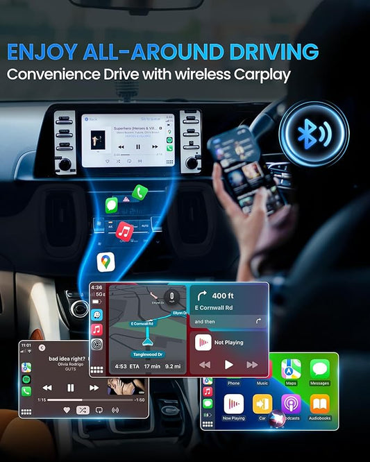 Wireless Carplay Adapter Upgraded Model adds Emergency Escape Window Breaker Function for Apple iPhone iOS 10+ & Cars from 2016+, Auto-Connect Stable Control & No Latency