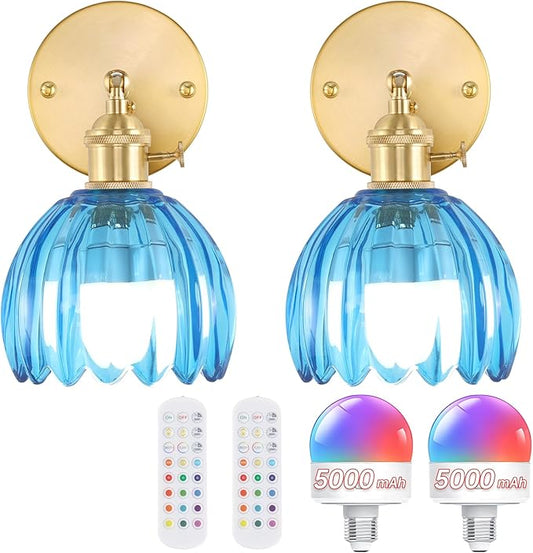 Vintage 5000 mAh Battery Operated Wall Sconce with Blue Clear Tulip Glass Lampshade Rechargeable Battery Powered Wall Light with Remote Control for Bedroom Doorway, Set of 2
