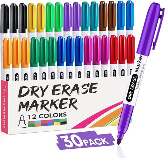 Dry Erase Markers Fine Tip, 30 Pack 12 Assorted Colors Thin Low Odor WhiteBoard Markers Bulk Set for School Classroom Office Supplies