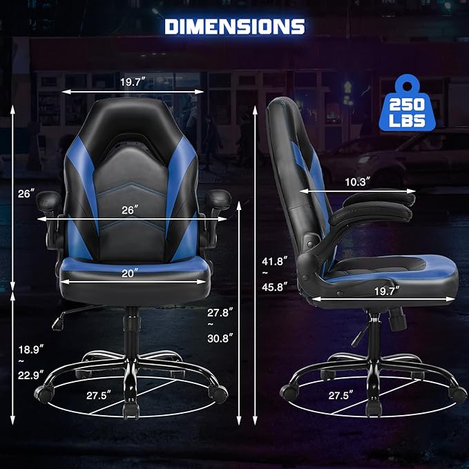DUMOS Gaming Ergonomic Office Chair for Adults, Height Adjustable Computer Desk Chair with Flip-up Armrests, PU Leather Swivel Video Game Chair with 360° Rolling Wheels, Blue