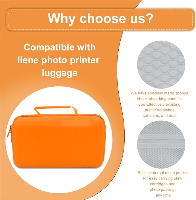 EVA Hard Storage Carrying Case Compatible with Liene M100 M200 4x6'' Photo Printer Extra Space for Charger, Photo Paper, Memory Card and Battery, Orange (Case Only)