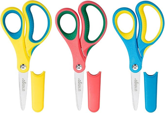 LIVINGO 5" Kids School Scissors: Small Safety Scissors Pointed Tip, Soft Handle Right Left Handed Use, Student Scissors for Craft, Classroom, Child, Toddler, Assorted Colors, 3 Pack