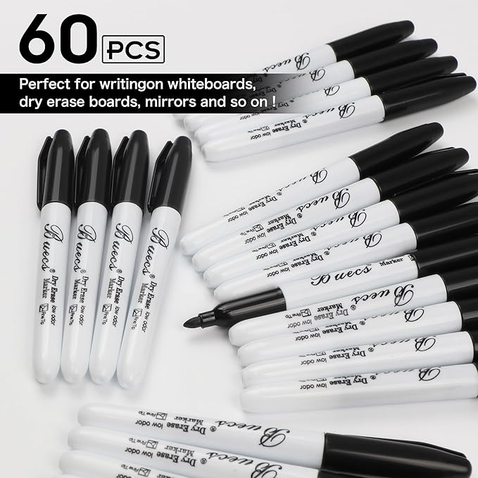 Black Dry Erase Markers, Low-Odor, 60 Count, Fine Point, Perfect for Writing on Whiteboards, Dry-Erase Boards, Glass, School Office Supplies