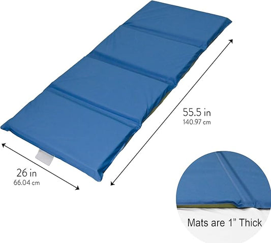Children's Factory Nap Mats, 1 inch Thick Toddler Nap Mats for Preschools and Daycares, Comfortable and Soft 4 Section Folding Nap Mat, Sage and Deep Water, Set of 10