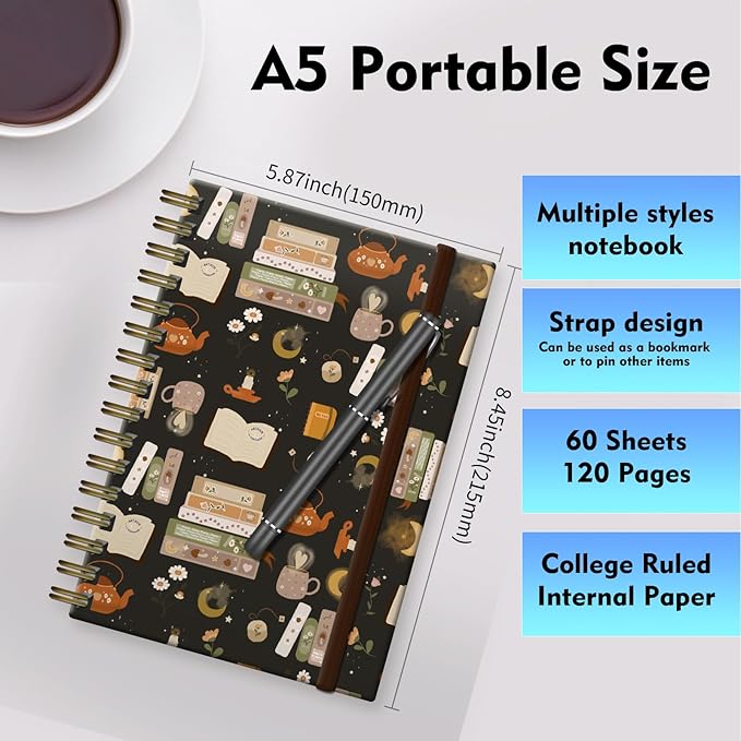 Bansutay Spiral Journal Notebook, A5 Cute Notebooks for Women Men, College Ruled Hardcover Notebook for Work & Note Taking, 60 Pages Double-Wire Journals for Writing (Coffee Book)