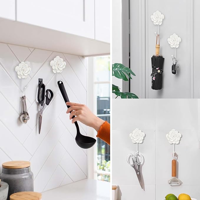 Guichifun Flower Coat Hooks Wall Decor - Resin White Decorative Wall Hooks for Hanging Clothes Coats Towels Keys Bags Hats Bathroom Home Decoration Gift 4 x 1.5 x 7 Inch