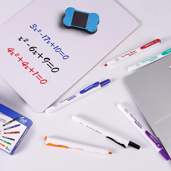 WRITECH Retractable Dry Erase Markers: Fine Point Clickable Colored Ink Marker Low Odor Erasable Thin Tip Refillable Multicolor Whiteboard Marker Pen Set 6ct No Bleed Smear