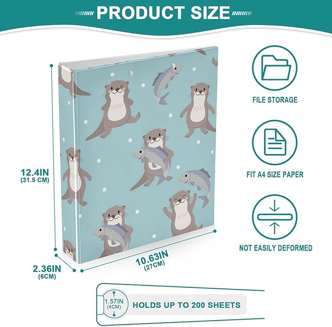 Cute Animal Otter Decorative 3 Ring Binder 1.5 Inch Large View Binders with Pockets Holds 200 Sheets File Organizer for Office College School, 2 Pack