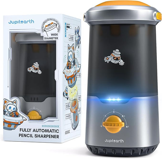 Electric Pencil Sharpener for Kids, Hands-Free, Rechargeable, Auto in & Out Spaceship Fully Automatic Pencil Sharpener Fits 6.9-11mm Colored/No.2 Pencils for Classroom Home Office (Black)