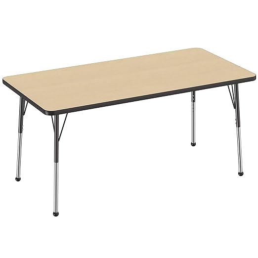 FDP Rectangle Activity School and Office Table (30 x 60 inch), Standard Legs with Ball Glides, Adjustable Height 19-30 inches - Maple Top and Black Edge