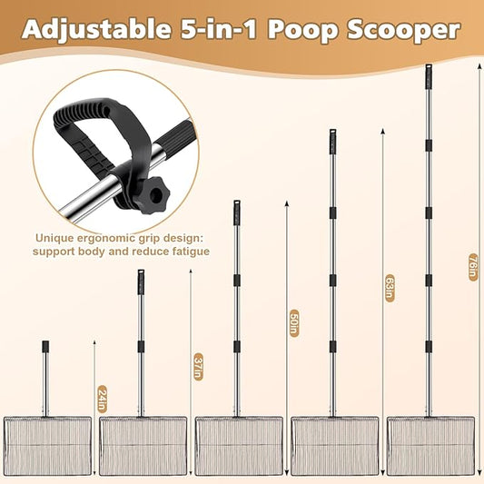 Extra Large 15" Metal Chicken Poop Scooper with Ergonomic Grip, 5-in-1 Adjustable Detachable Chicken Coop Accessories(24" to 76"), Multifuctional Litter Sifting Shovel with Stainless Steel Handle