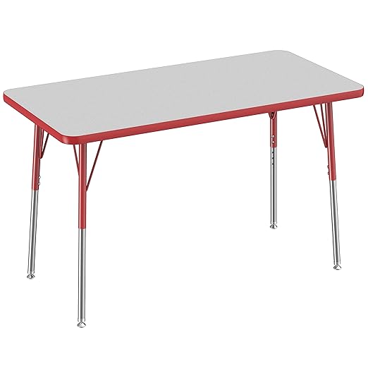 Factory Direct Partners FDP Rectangle Activity School and Office Table (24 x 48 inch), Standard Legs with Swivel Glides, Adjustable Height 19-30 inches - Gray Top and Red Edge