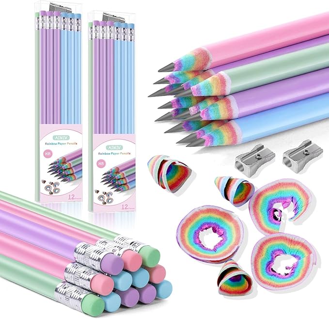 24PCS Eco-friendly Wood & Plastic Free Recycled Rainbow Paper Pencils #2 HB Pencils Number 2 Pencils Erasers Toppers with 2 Pencil Sharpener, Macaron Colored Pencils for School Office Supplies