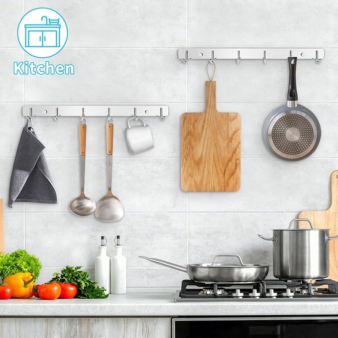 Coat Rack Wall Mount, (2-Pack) 6 Hooks for Hanging, Stainless Steel Wall Hooks