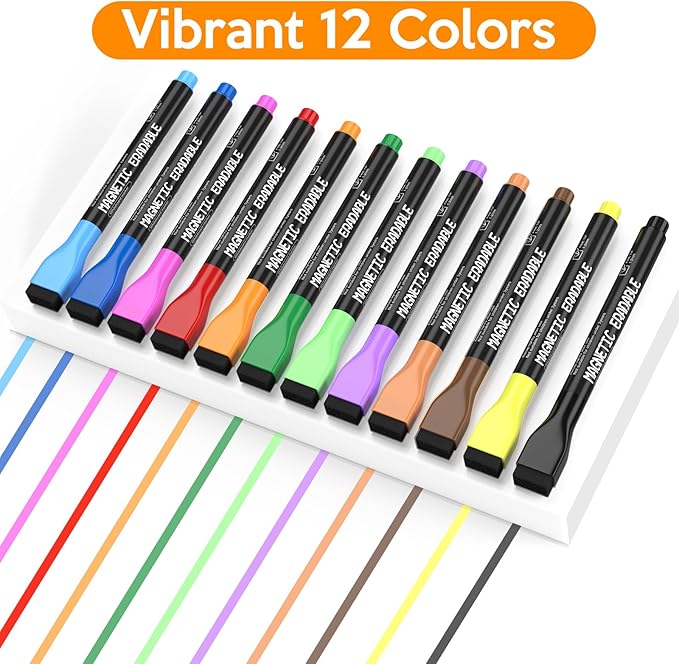 Magnetic Dry Erase Markers - 12 Pack Colorful 1mm Fine Tip Whiteboard Markers with Eraser for Kids Teachers, Low Odor Fine Markers for Dry Erase Boards, Calendars, Mirrors