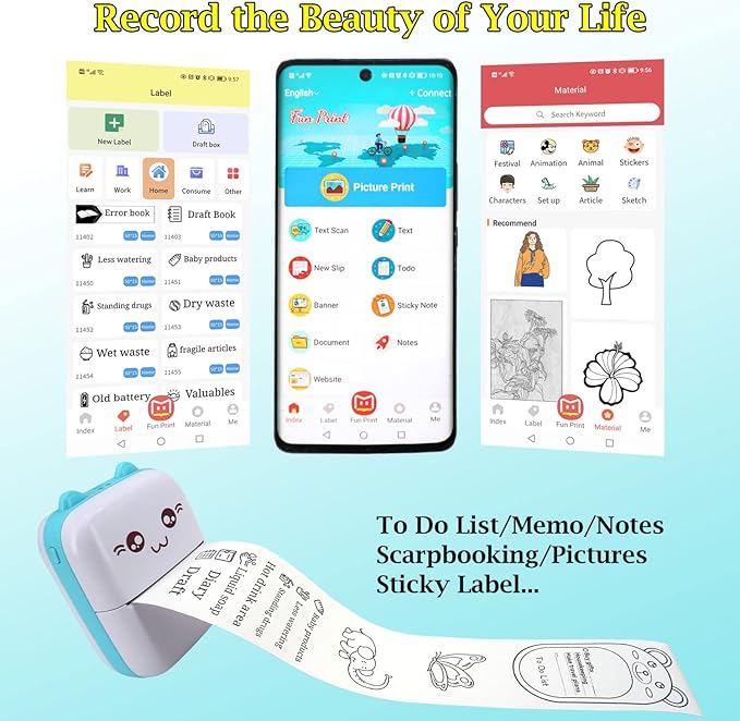 Mini Pocket Printer, Portable Thermal Printer with 8 Rolls Printing Paper, Bluetooth Wireless Tiny Printer for Photos/Stickers/Labels/Notes/Receipts, Compatible with iOS and Android, Blue
