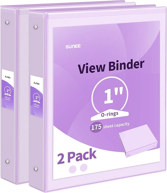 SUNEE 3 Ring Binder 1 Inch 2 Pack, Clear View Binder Three Ring PVC-Free (Fit 8.5x11 Inches) for School or Office Supplies, Purple