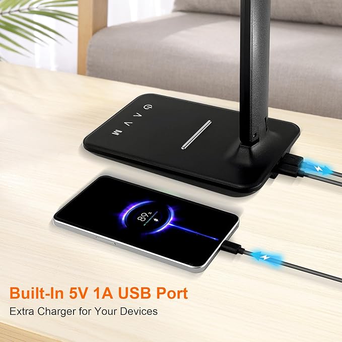 LED Desk Lamp for Office Home, Bright Desk Light with USB Charging Port, Adjustable Dimmable Desk Lamps 5 Modes 5 Brightness, Touch Study Lamp for Nail, Craft, Puzzle, Sewing, Study, Black